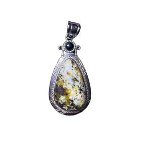 NWT Silver Teardrop Gemstone Pendant Unique Natural Pattern Bohemian Artisan